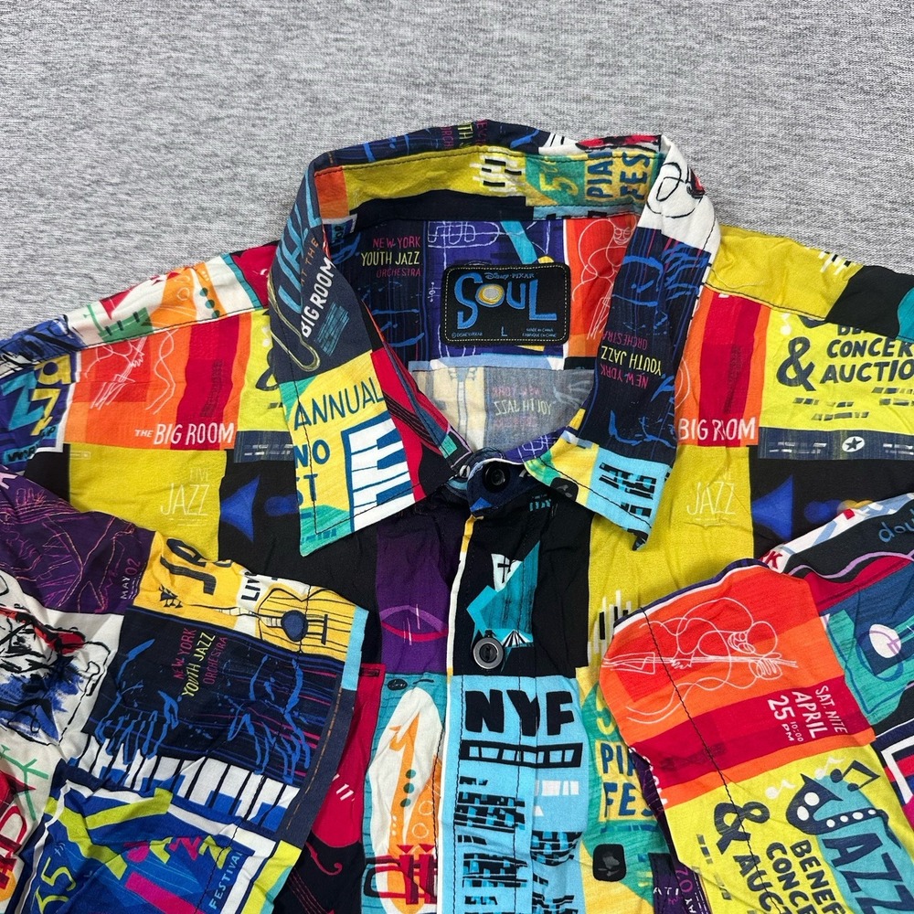 Disney Pixar Soul Shirt Mens Large Colorful Jazz Graphic Short Sleeve Button Up